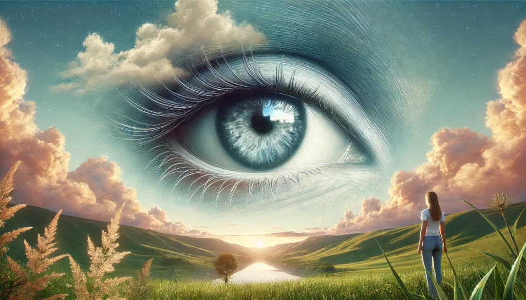 Image fantaisie illustrant un grand œil en fond de paysage tel le ciel qui veille sur le paysage paisible. Le RITMO EMDR est basé sur les mouvements oculaires. collaure.com