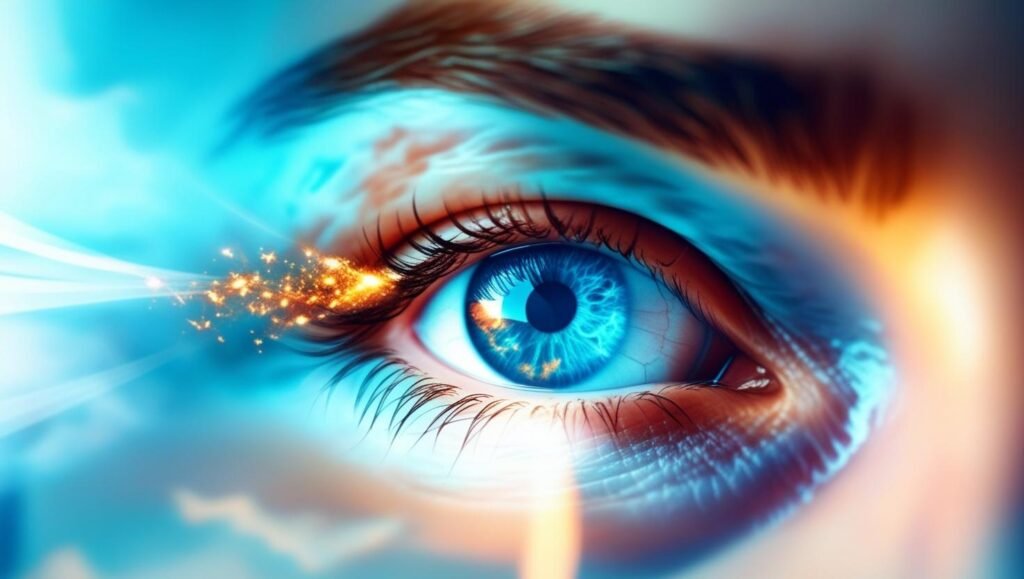 RITMO-EMDR-œil-photo-puissance-oculaire-ciel-vitalite-emotionnelle-collaure.com' Photo fantaisie d'un œil au premier plan plongé dans un ciel pailleté, en référence à la pratique de thérapie brève avec les mouvements oculaires du RITMO-EMDR. collaure.com