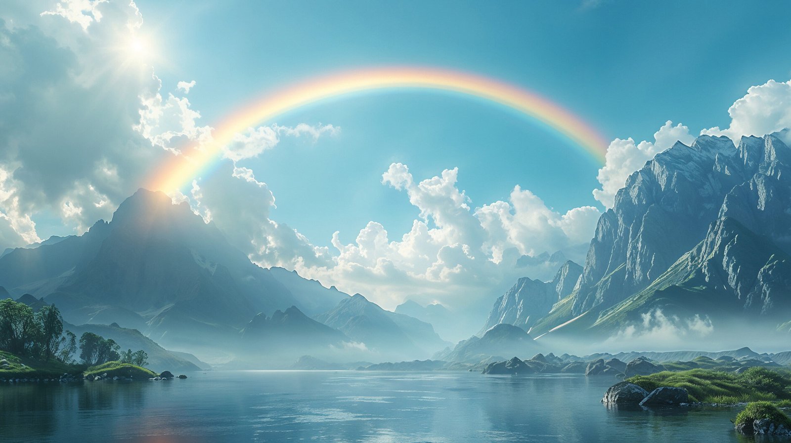 Photo haute en vibration d'un arc-en-ciel surplombant des montagnes enneigées au bord d'un lac. collaure.com