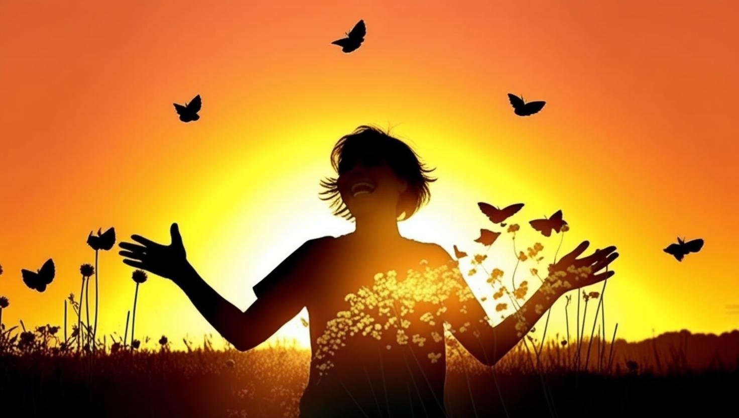 Joie Illustration d'une silhouette joyeuse entourée de papillons au coucher de soleil