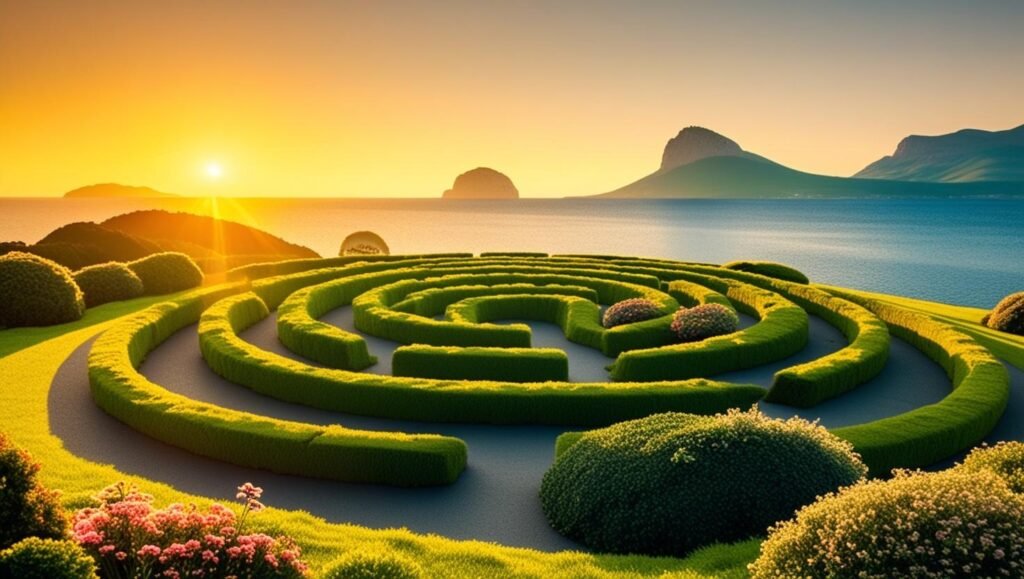 Labyrinthe mental dans un paysage luxuriant et mystérieux