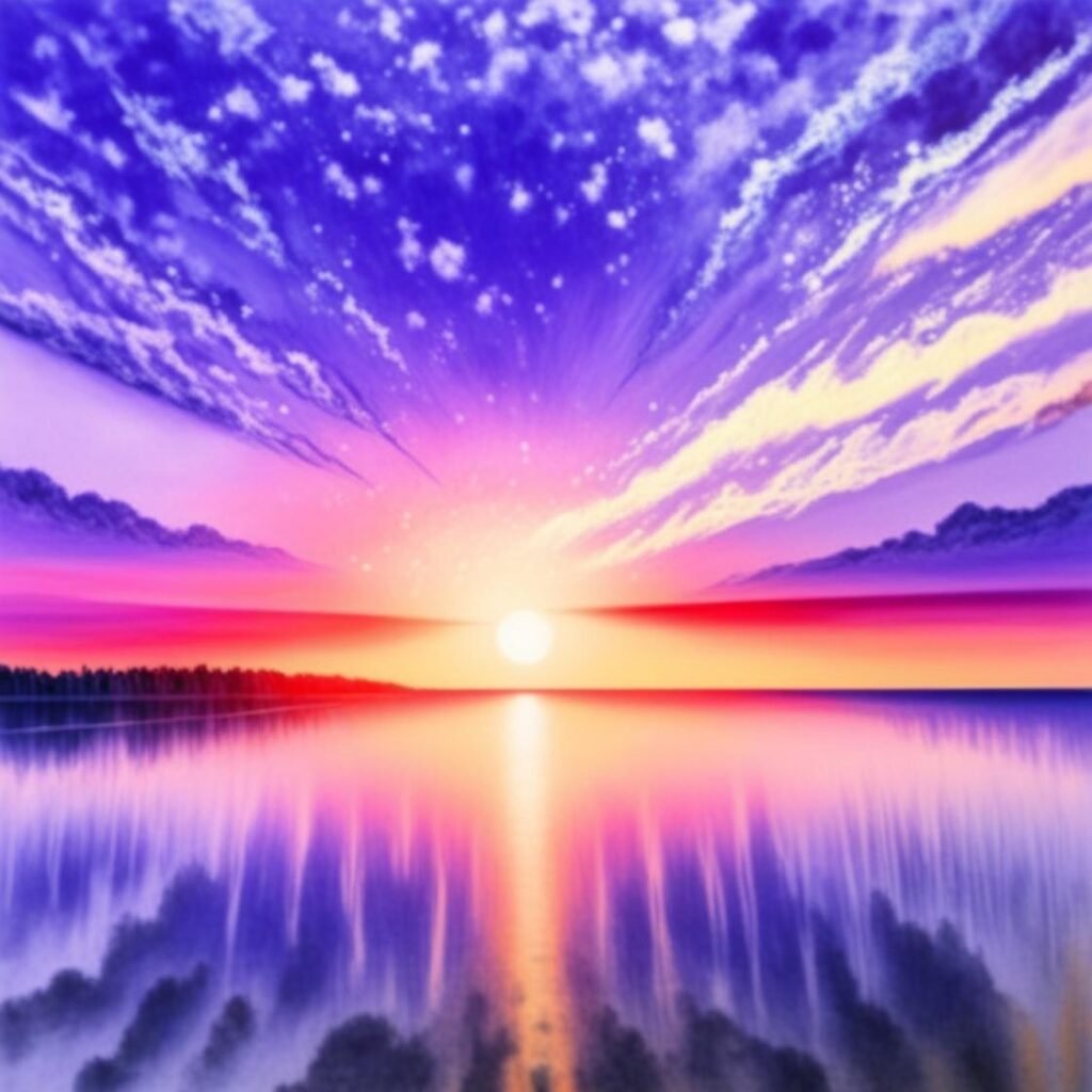 Paysage en perspective plongeant dans un coucher de soleil profond centré sur le lac, invitant à la méditation accompagnée avec Laure Colla. collaure.com