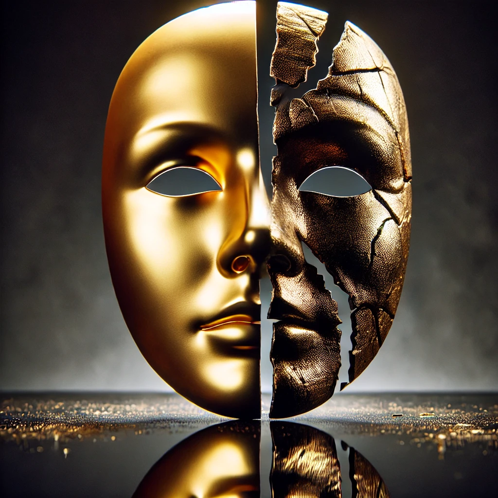 Image illustrant la dualité et la tromperie : un masque doré éclatant à l’avant mais fissuré et terni à l’arrière, symbolisant le contraste entre illusion et réalité. Blog Laure Colla Vitalité Émotionnelle.