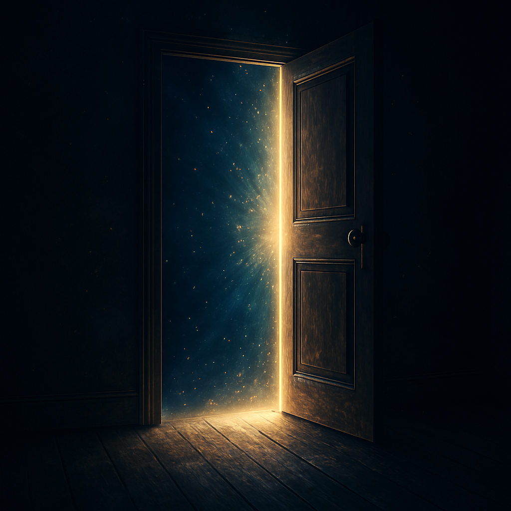 Porte entrouverte dans une pièce sombre, laissant filtrer une lumière chaleureuse et mystérieuse, symbole de la curiosité et de la découverte. Avec Laure Colla vers votre Vitalité Émotionnelle.